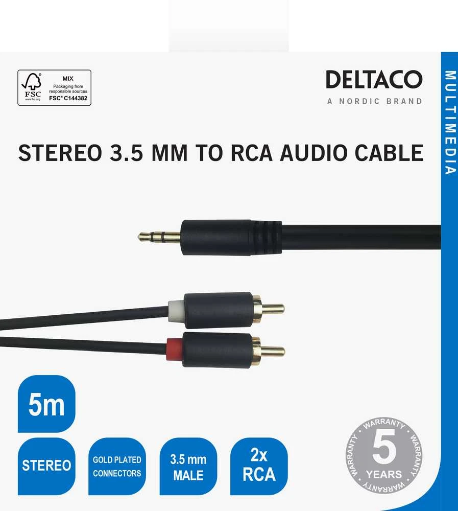 Deltaco 3.5mm į 2xRCA 5m kabelis su specifikacijomis