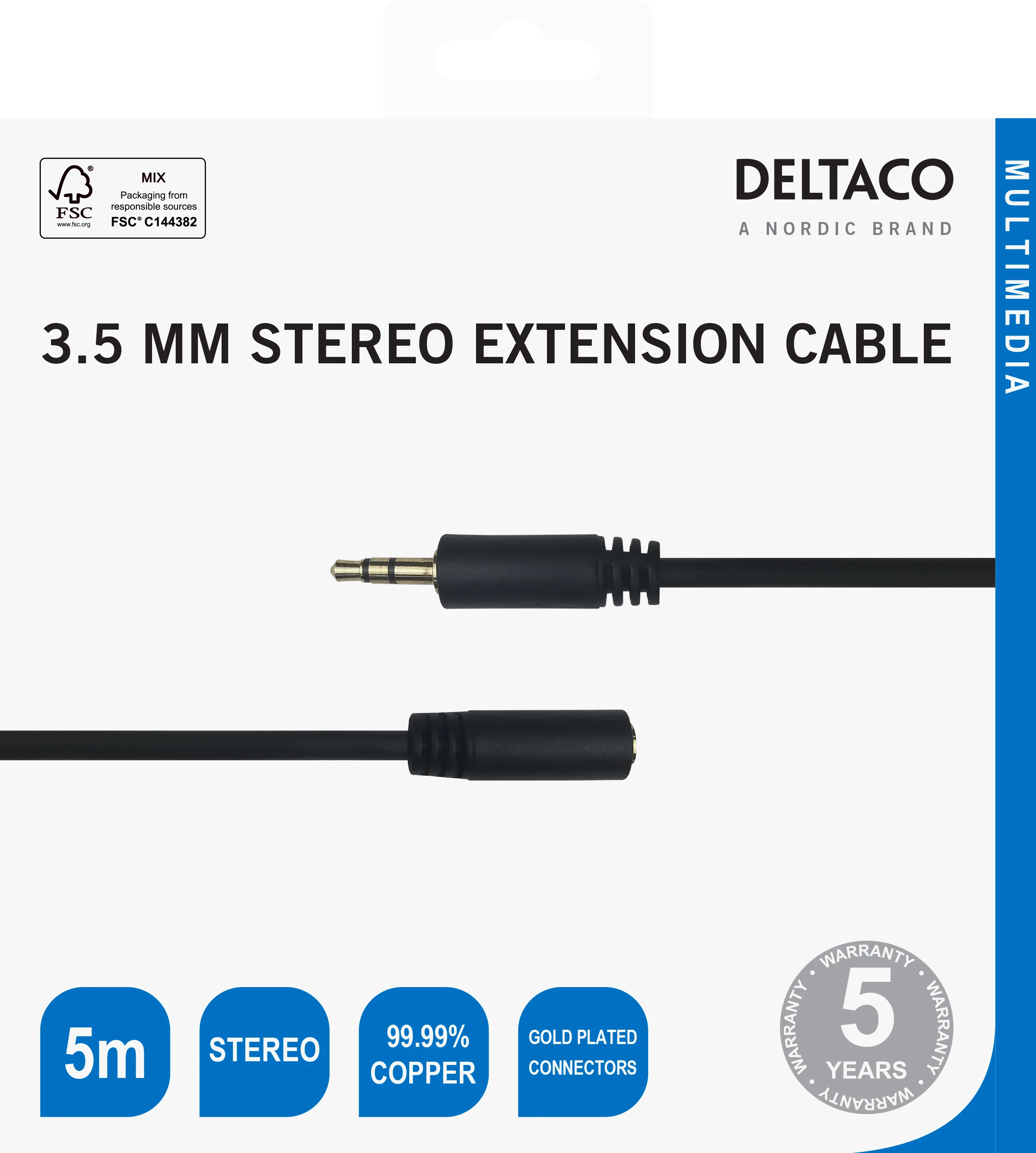 Deltaco 3.5mm prailginimo kabelis pakuotėje