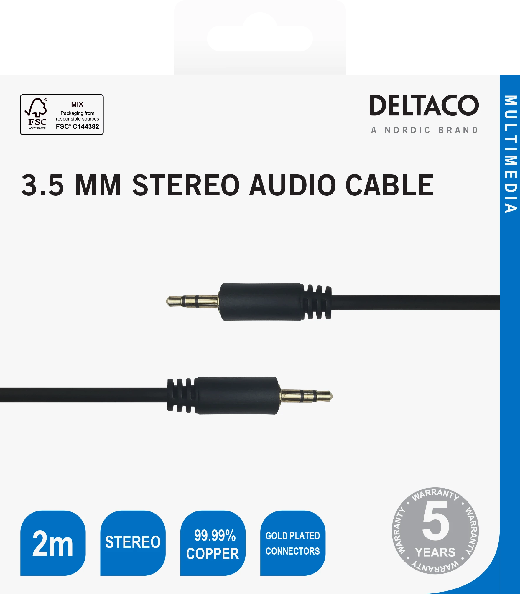 Deltaco 3.5 mm audio kabelis su pakuotės aprašymu