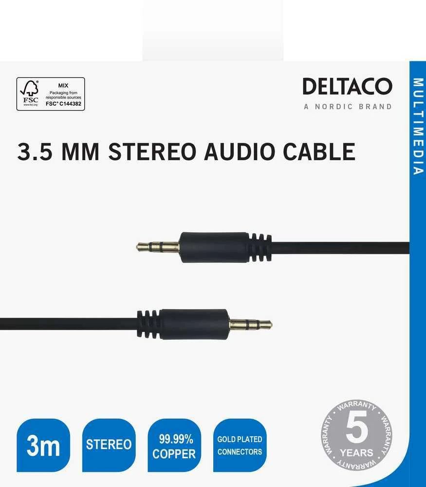 Deltaco 3.5mm audio kabelio pakuotė su techniniais parametrais