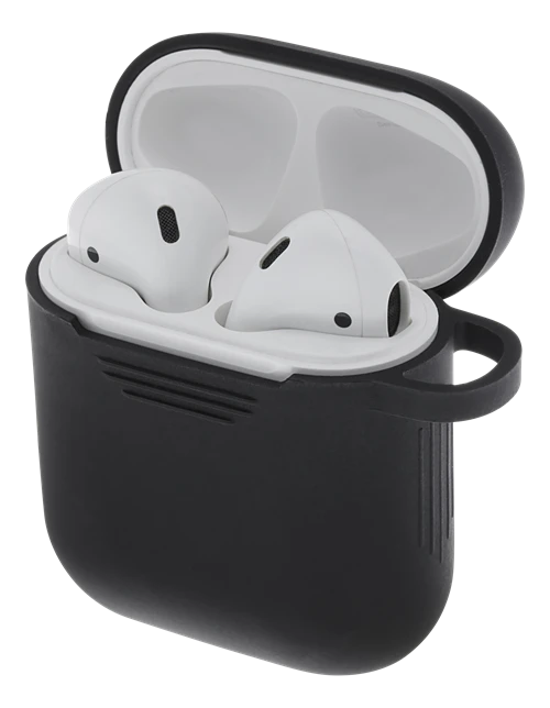 Juodas silikoninis AirPods dėklas su atveriamu dangteliu
