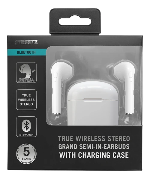 Ausinės STREETZ True Belaidės, 350 mAh su dėžute, BT5 baltos / TWS-0008