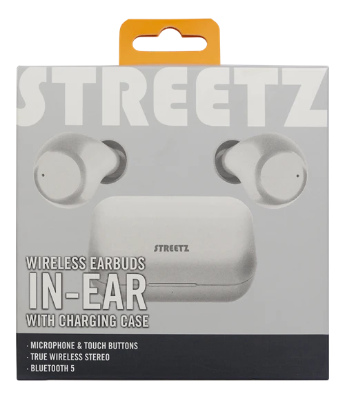 Ausinės STREETZ True Belaidės, Bluetooth 5, įkrovimo dėklas 500 mAh, baltos / TWS-111