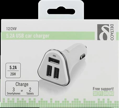 Auto įkroviklis DELTACO 5,2A, 3xUSB, baltas/sidabrinis / USB-CAR102