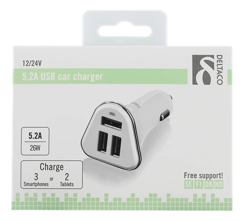 Auto įkroviklis DELTACO 5,2A, 3xUSB, baltas/sidabrinis / USB-CAR102