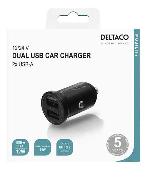 Automobilinis įkroviklis DELTACO 12/24 V USB su dviem USB-A jungtimis, 24 W, juodas USB-CAR127