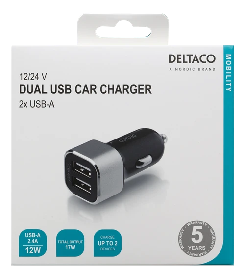 Automobilinis įkroviklis DELTACO USB, 2x USB-A, 2,4 A, 17 W USB-CAR126