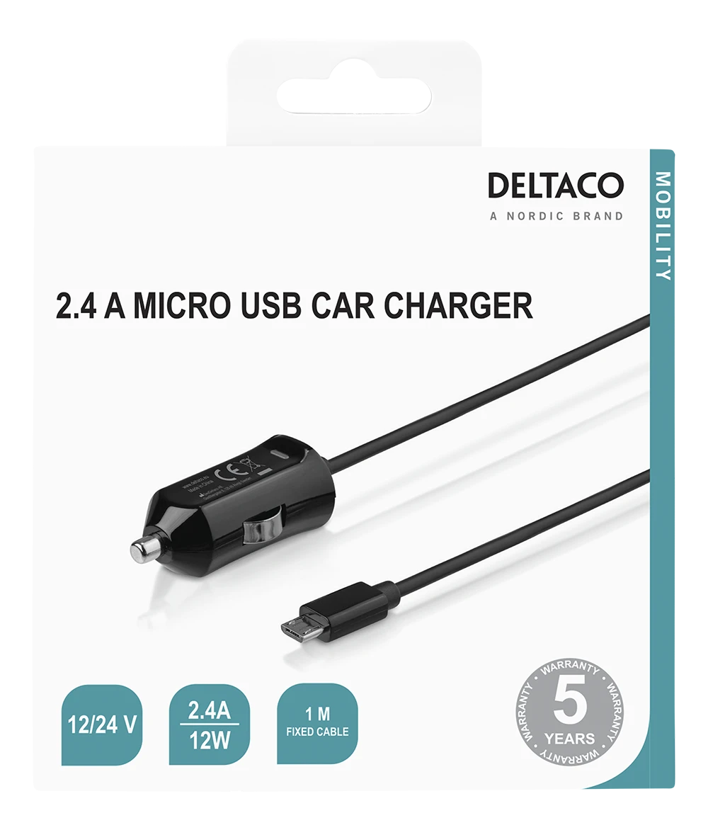 Automobilinis kroviklis DELTACO Micro USB, 2,4 A, 1 m kabelis, 12 W / USB-CAR129