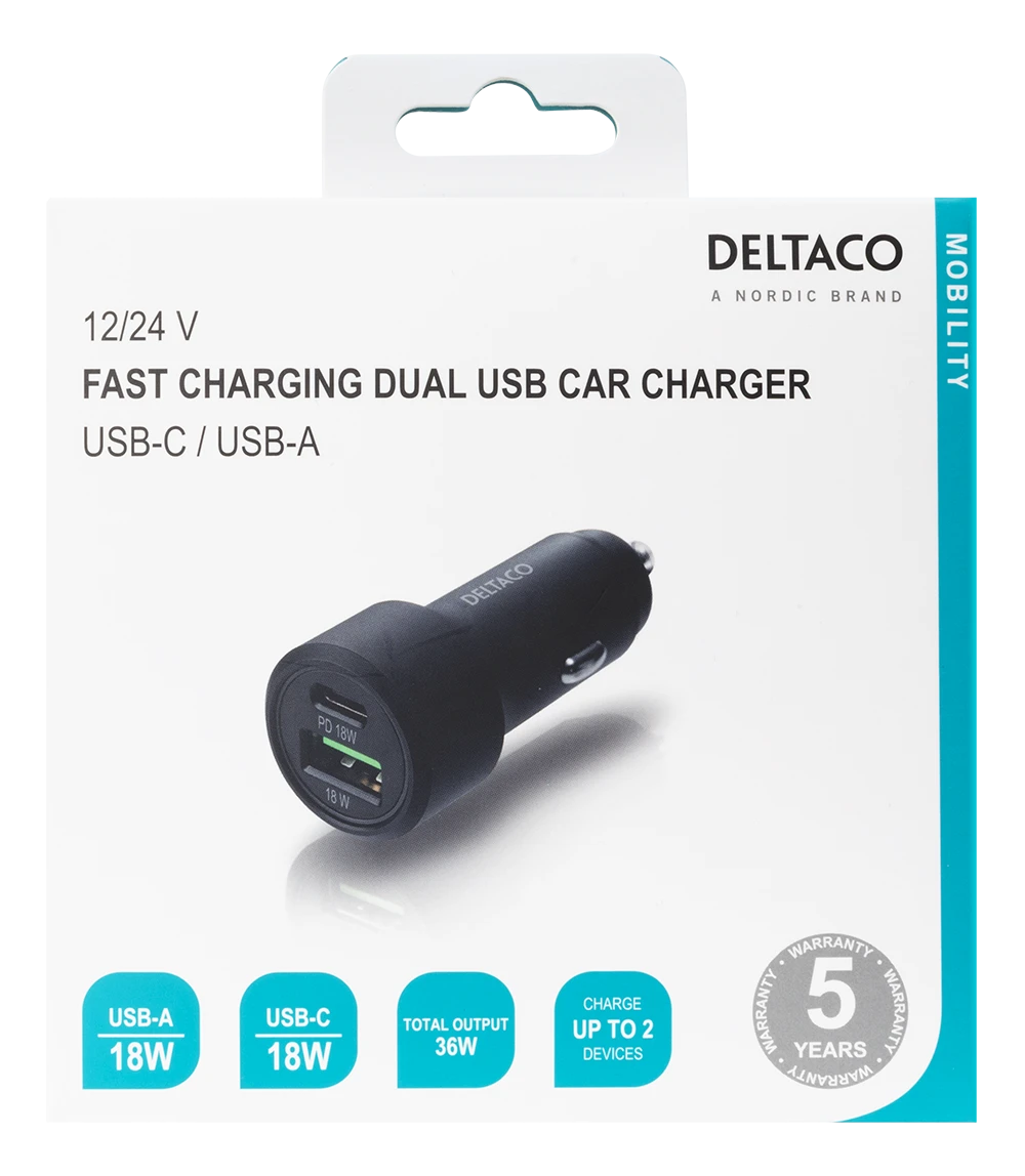 Automobilinis USB kroviklis DELTACO 1x USB-C, PD 18 W, 1x USB-A, 18 W, 36W, metalinis / USBC-CAR122