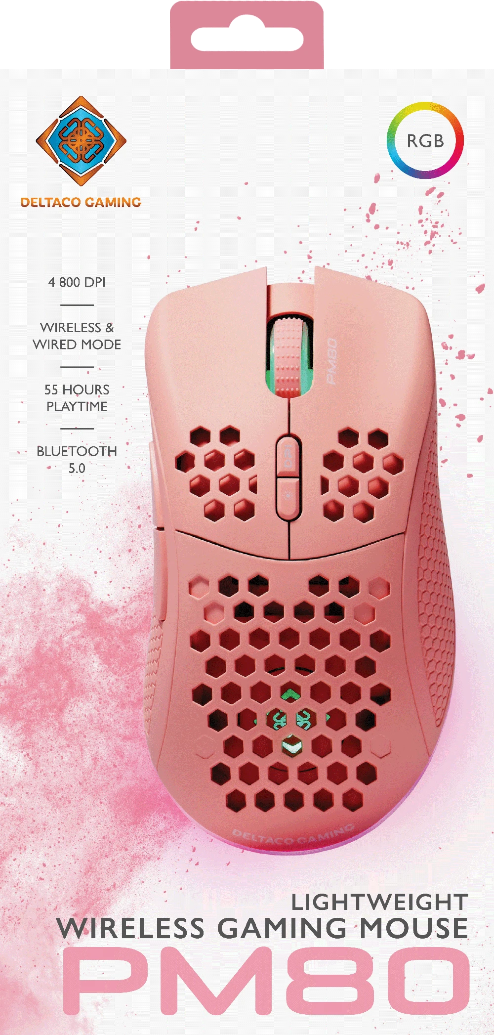 Belaidė itin lengva žaidimų pelė DELTACO GAMING Rožinis LINE PM80 70g svorio, RGB, SPCP6651, 400-4800 DPI, 1000 Hz, rožinė / GAM-120-P