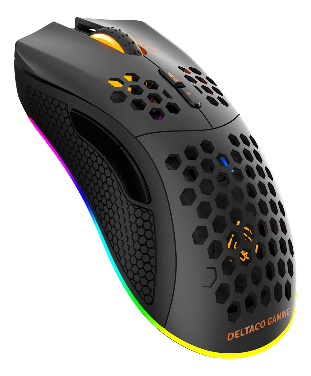 Belaidė itin lengva žaidimų pelė DELTACO GAMING DM220, 70g svorio, RGB, SPCP6651, 400-6400 DPI, 1000 Hz, juoda / GAM-120