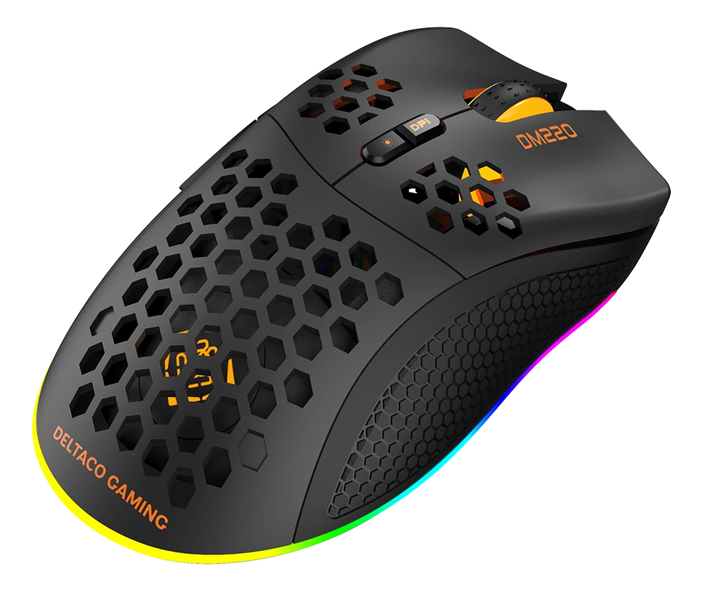 Belaidė itin lengva žaidimų pelė DELTACO GAMING DM220, 70g svorio, RGB, SPCP6651, 400-6400 DPI, 1000 Hz, juoda / GAM-120