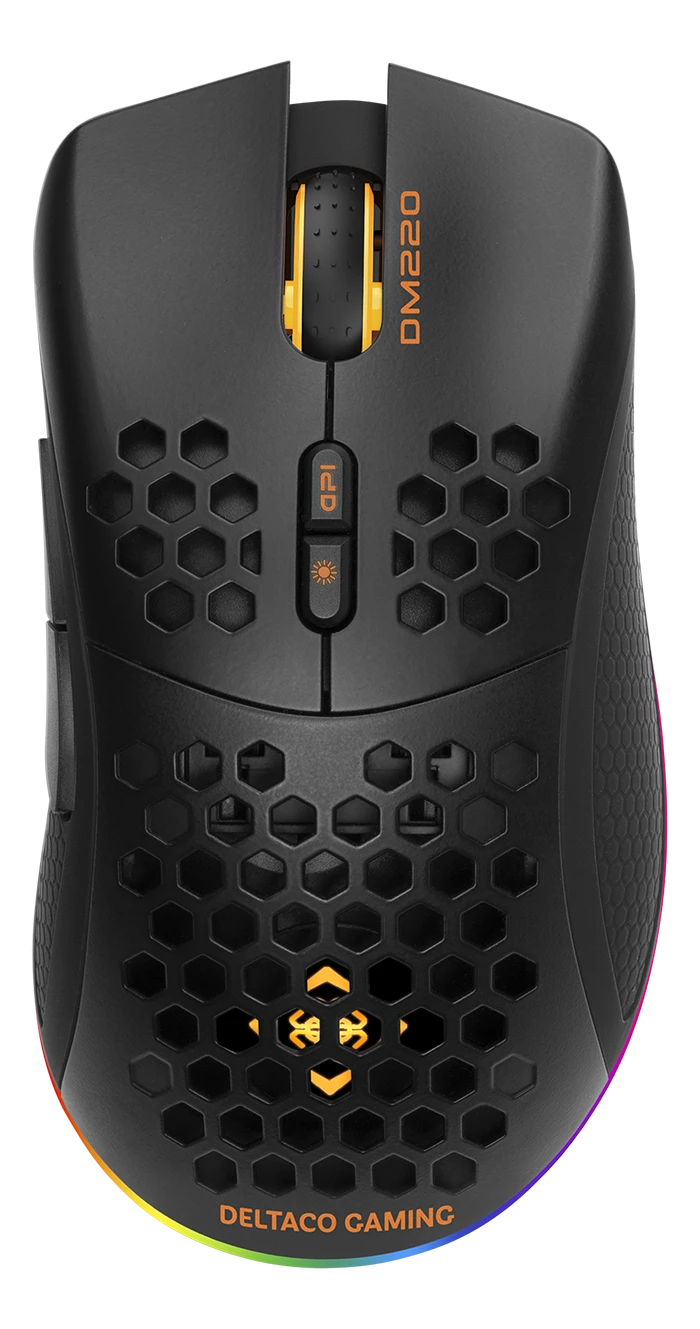 Belaidė itin lengva žaidimų pelė DELTACO GAMING DM220, 70g svorio, RGB, SPCP6651, 400-6400 DPI, 1000 Hz, juoda / GAM-120