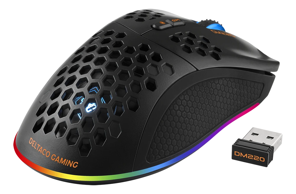 Belaidė itin lengva žaidimų pelė DELTACO GAMING DM220, 70g svorio, RGB, SPCP6651, 400-6400 DPI, 1000 Hz, juoda / GAM-120