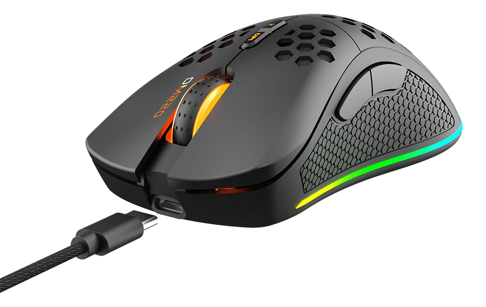 Belaidė itin lengva žaidimų pelė DELTACO GAMING DM220, 70g svorio, RGB, SPCP6651, 400-6400 DPI, 1000 Hz, juoda / GAM-120
