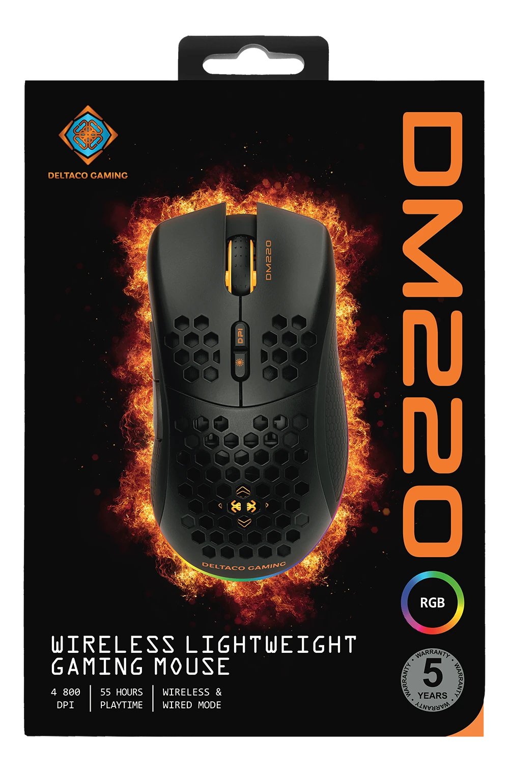 Belaidė itin lengva žaidimų pelė DELTACO GAMING DM220, 70g svorio, RGB, SPCP6651, 400-6400 DPI, 1000 Hz, juoda / GAM-120