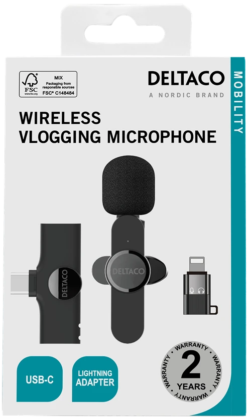 Belaidis vlogging mikrofonas DELTACO USB-C/Lightning, 1-pack / VLOG-100
