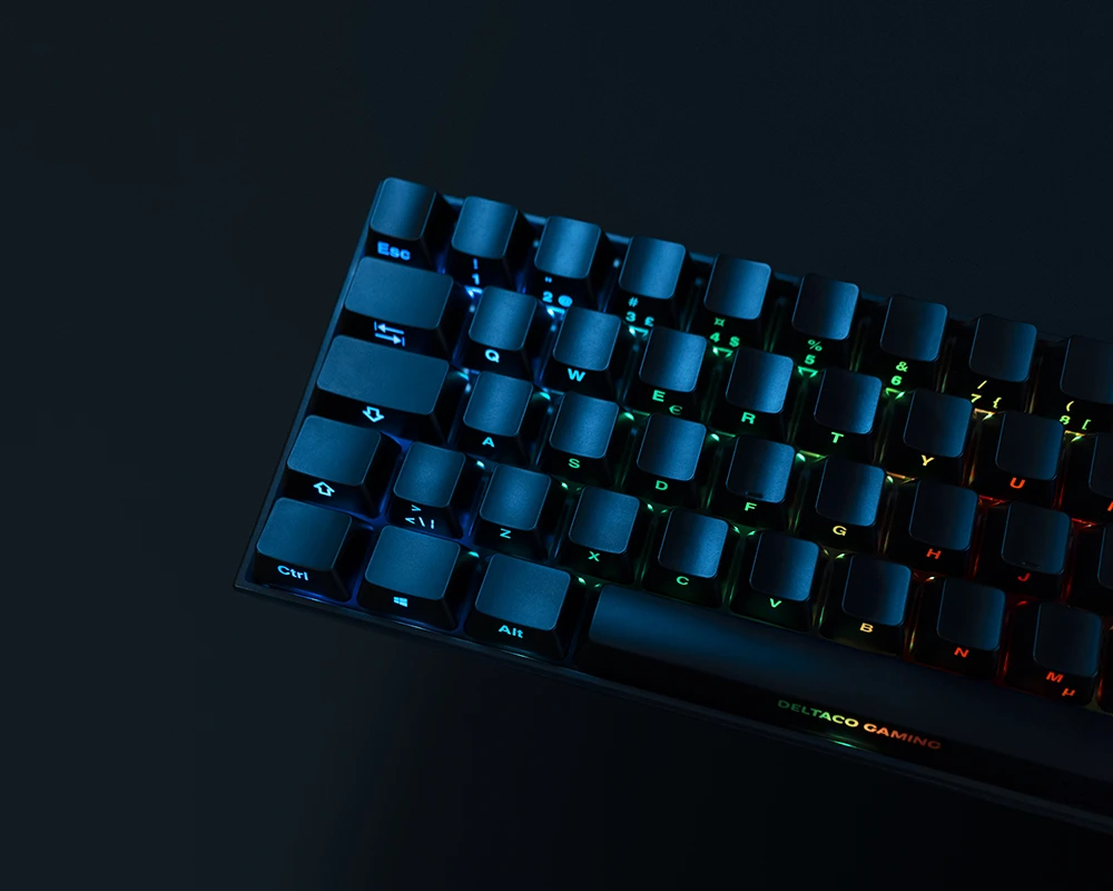Bevielė 65% klaviatūra DELTACO GAMING DK440R priekiniai lazeriniai klavišai, RGB, Kailh Raudona, N klavišo apvertimas, JK išdėstymas, rožinė / RGB / GAM-100-UK