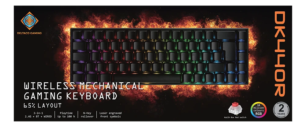 Bevielė 65% klaviatūra DELTACO GAMING DK440R priekiniai lazeriniai klavišai, RGB, Kailh Raudona, N klavišo apvertimas, JK išdėstymas, rožinė / RGB / GAM-100-UK