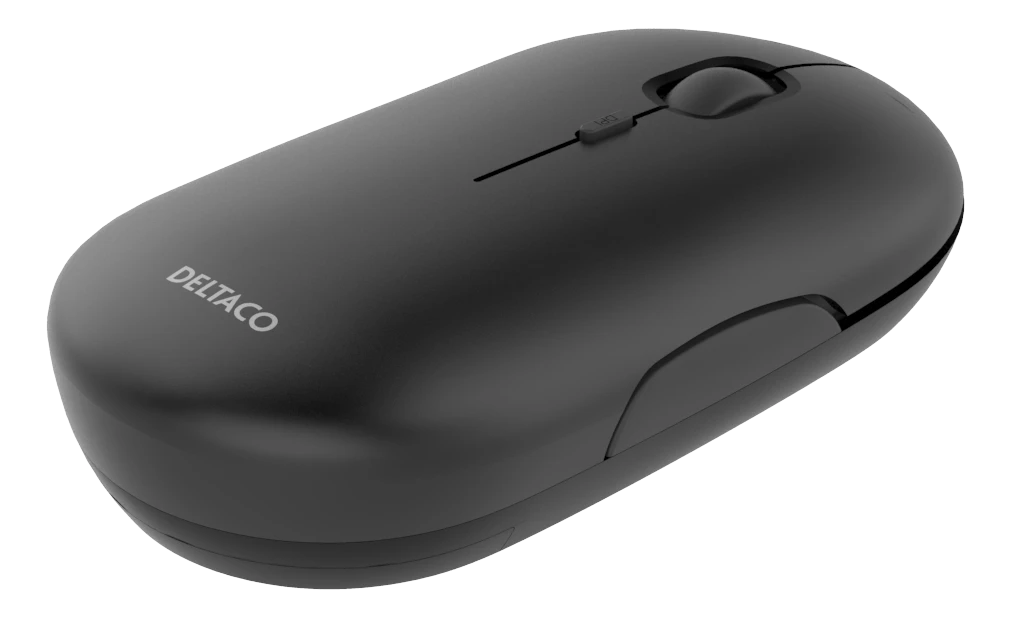 Bevielė plokščia tyli pelė DELTACO 1600 DPI, USB imtuvas, 4 mygtukai, tamsiai pilka / MS-803