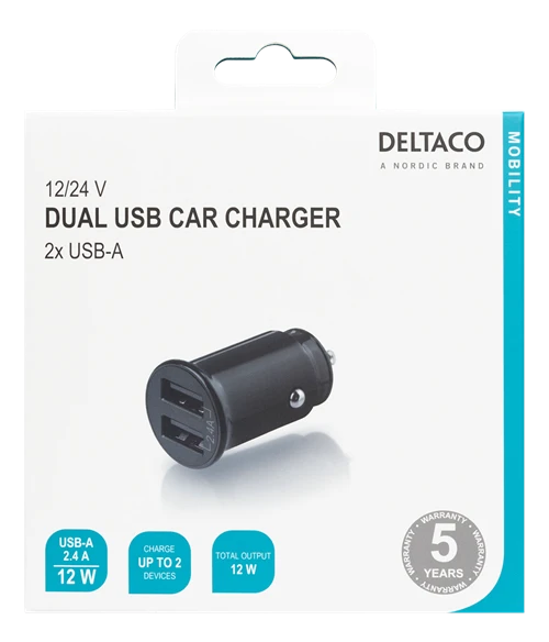 DELTACO 12/24 V USB įkroviklis su dvigubomis USB-A jungtimis, 2,4 A, 12 W, juodas USB-CAR124