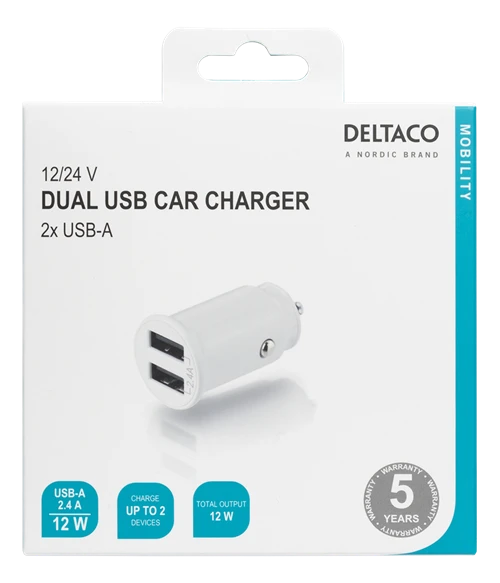 DELTACO 12/24 V USB įkroviklis su dvigubomis USB-A jungtimis, 2,4 A, 12 W, baltas USB-CAR125