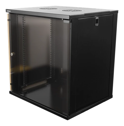 DELTACO 19" spintelė, 12U, 540x450mm, stovima arba montuojama ant sienos, stiklinės durys, juodas / 19-5412B