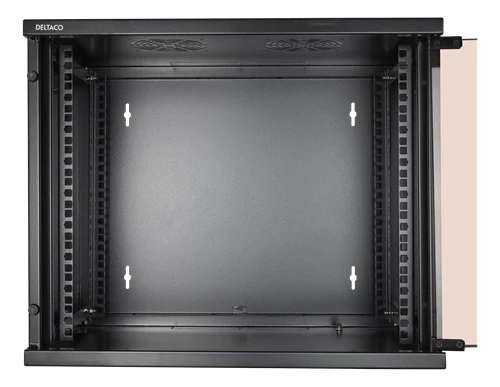 DELTACO 19" spintelė, 9U, 540x450mm, stovi arba montuojama į sieną, stiklinės durys, juodas / 19-5409B
