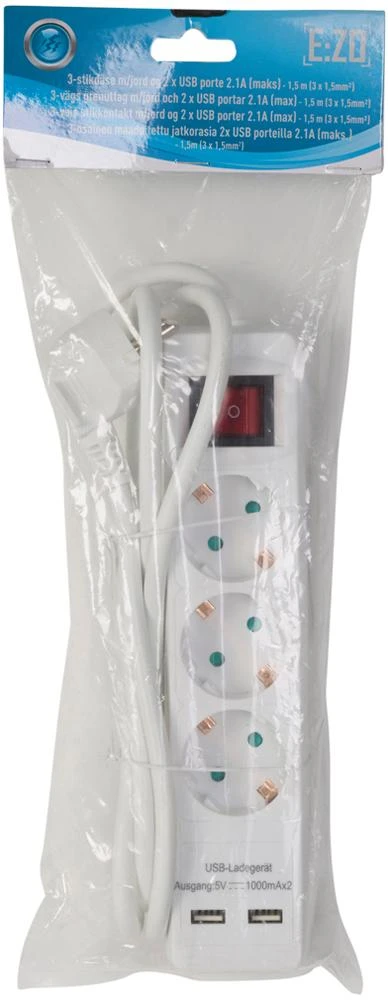 Deltaco 3 lizdų ilgiklis Nordic Quality 2xUSB-A (3x1,5mm²), 1.5m / 222997