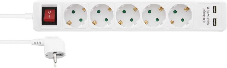 Deltaco 5 lizdų ilgiklis Nordic Quality įžemintas, 2xUSB-A (3x1,5mm²), 1,5m / 222998