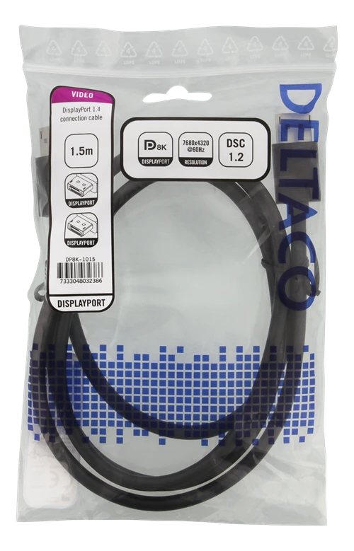 Deltaco DisplayPort 1.4 kabelis pakuotėje