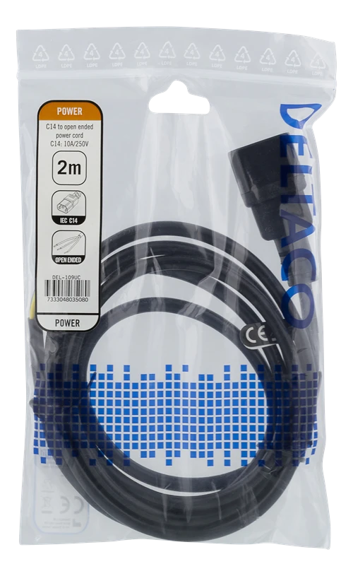 DELTACO C14 atviras kabelis, 2m, IEC C14, 10A, juodas / DEL-109UC