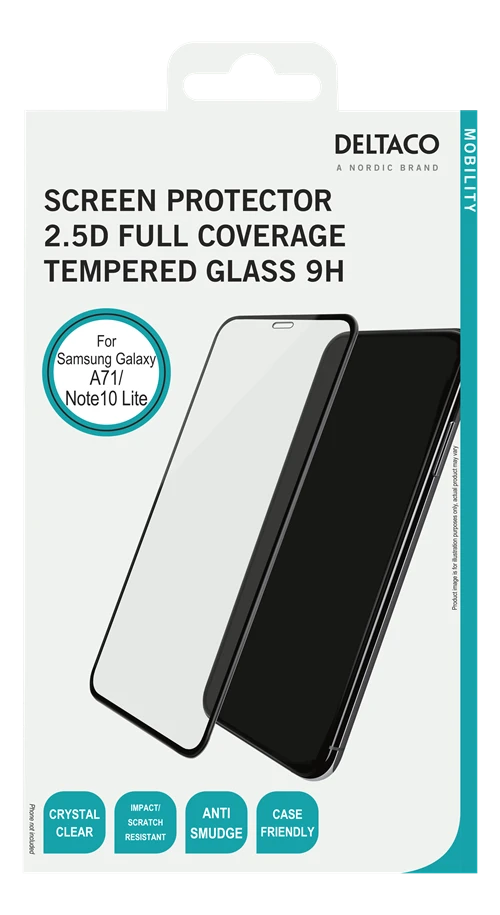 DELTACO ekrano apsauga, „Samsung A71“ / „Note10 Lite“, 2,5D pilnas stiklas