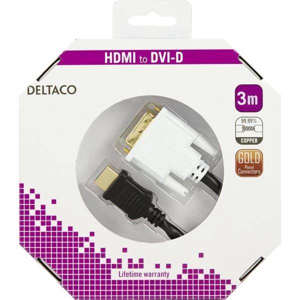 DELTACO HDMI - DVI kabelis, Full HD - 60Hz, 19 pin ha - DVI-D Single Link ha, 3m / HDMI-113-K
