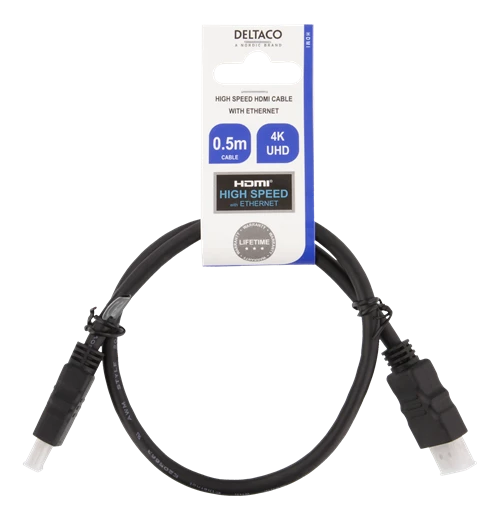 Deltaco 4K HDMI laidas su informacine etikete