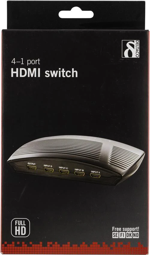 Deltaco HDMI komutatorius su pakuotės iliustracija