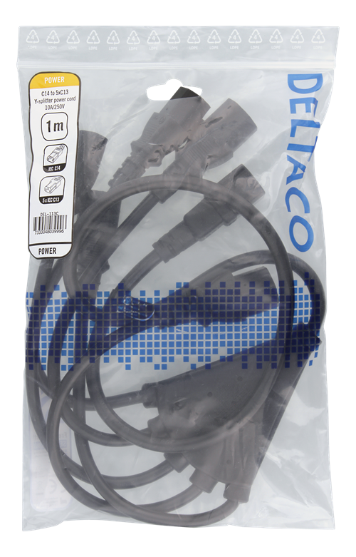 DELTACO IEC C14 - 5x IEC C13 maitinimo kabelis, 1m, 10A / 250V, Y-Splitter, DEL-113C
