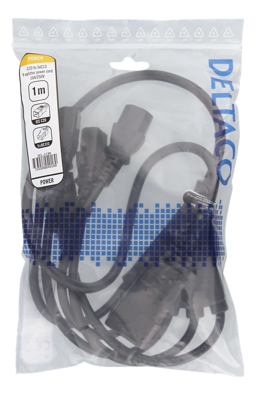 DELTACO IEC C20 - 5x IEC C13 maitinimo kabelis, 1m, 16A / 250V, Y-Splitter, b DEL-113M