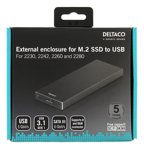 DELTACO M.2 SSD dėžutės pakuotė