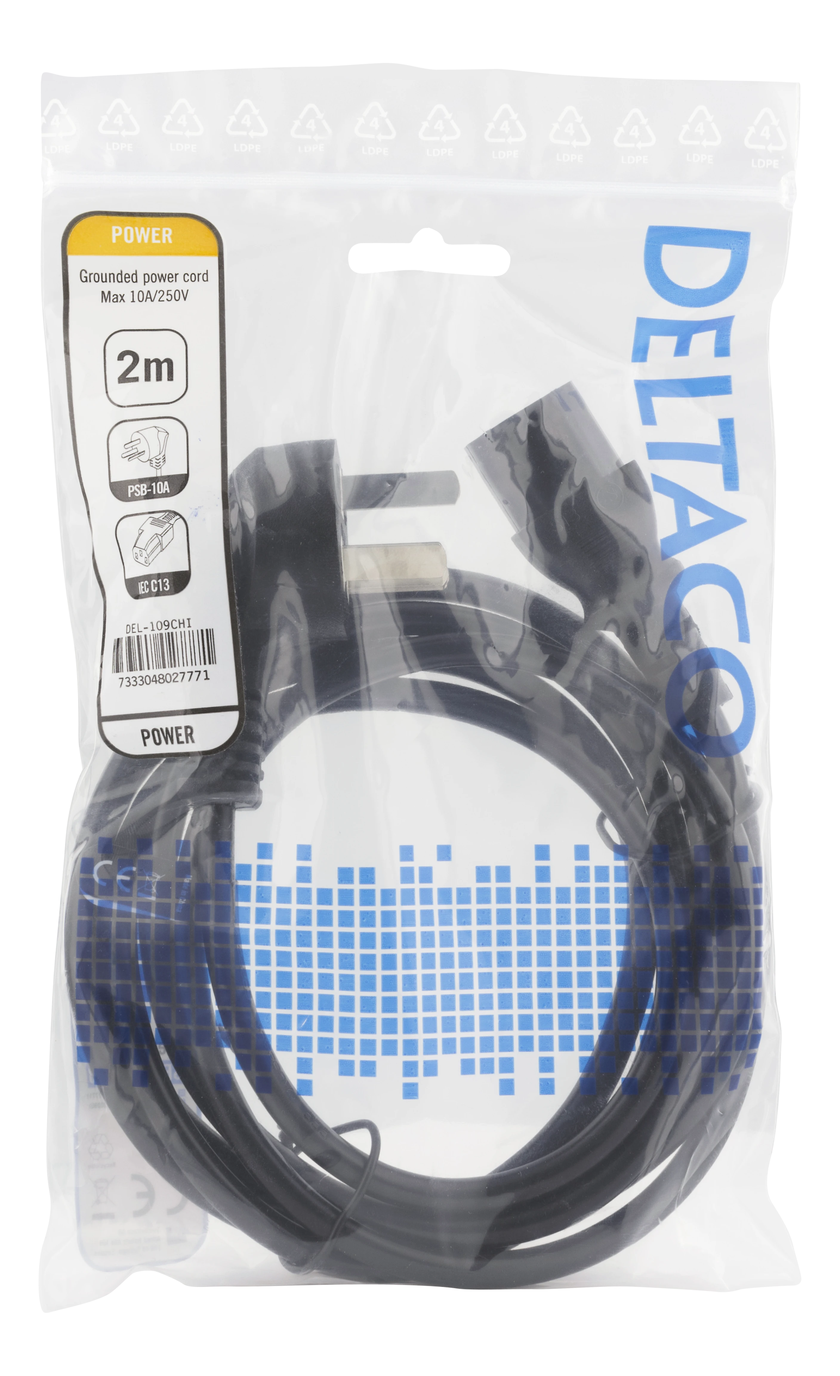 „DELTACO“ įžemintas maitinimo laidas, PSB-10A - IEC 60320 C13, 2m, juodas
