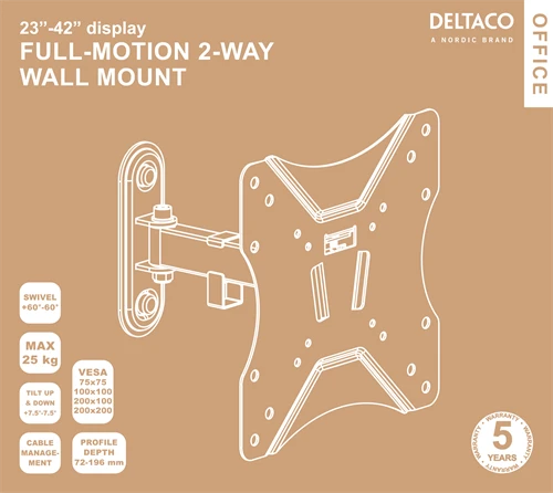 Pilno judesio sieninis laikiklis DELTACO OFFICE pazykmas, pasukamas, 23"-42", 25kg, 75x75-200x200, juodas / ARM-0252
