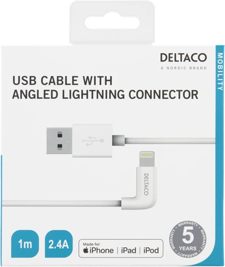 DELTACO Lighting kabelis, USB-A/ kampinė Lighting jungtis, 2,4A, 1m, MFi, Baltos spalvos / IPLH-176