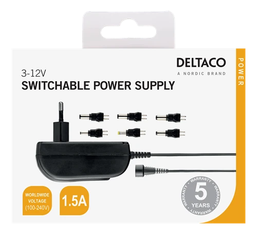 Maitinimo šaltinis DELTACO nuo 240 V iki 3-12 V, 1,5 A, 6 skirtingi antgaliai, juodas / PSR-15B