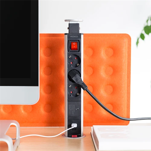 Iššokanti maitinimo juosta DELTACO OFFICE su apsauga nuo viršįtampių, 3x EU kištukai, 2x USB, juoda/sidabrinė / DELO-0402