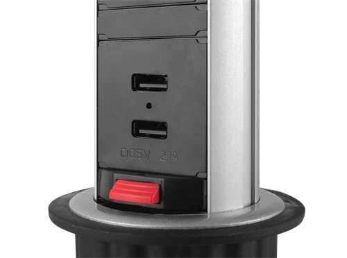 Iššokanti maitinimo juosta DELTACO OFFICE su apsauga nuo viršįtampių, 3x EU kištukai, 2x USB, juoda/sidabrinė / DELO-0402