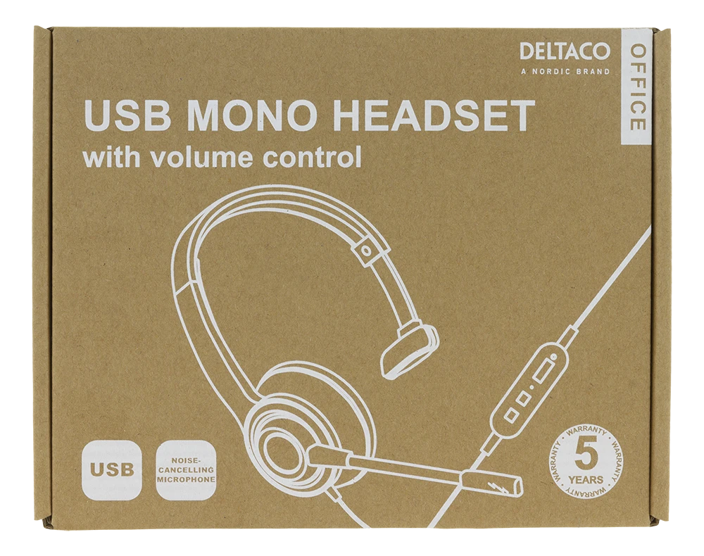 USB mono ausinės DELTACO OFFICE garso valdymas, triukšmą mažinantis mikrofonas, juodas / DELO-0650