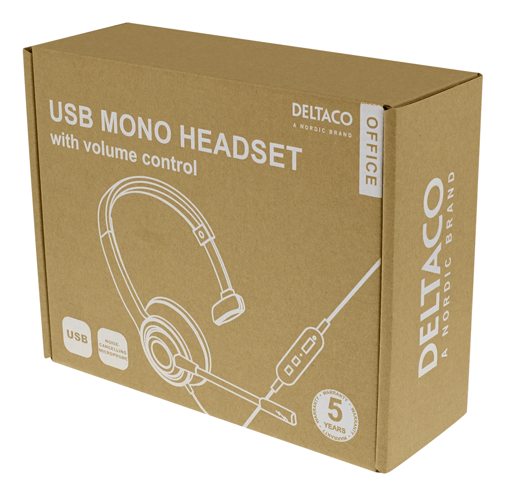 USB mono ausinės DELTACO OFFICE garso valdymas, triukšmą mažinantis mikrofonas, juodas / DELO-0650