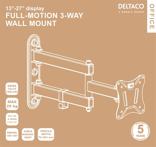 Laikiklis DELTACO OFFICE 3 krypčių, 13 "-27", 25 kg, 75x75-100-100 / ARM-0251