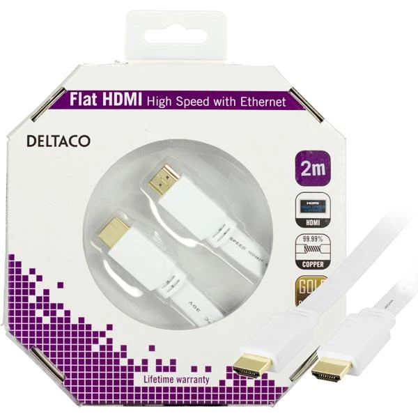 Deltaco plokščias HDMI laidas baltoje pakuotėje