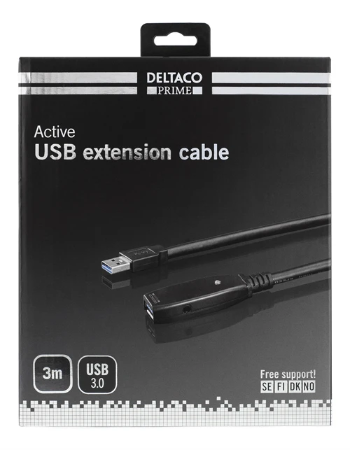 DELTACO PRIME aktyvus USB 3.0 prailginimo kabelis, A tipo vyriškas į A tipo moteriškas, 3m, juodas/ USB3-1001